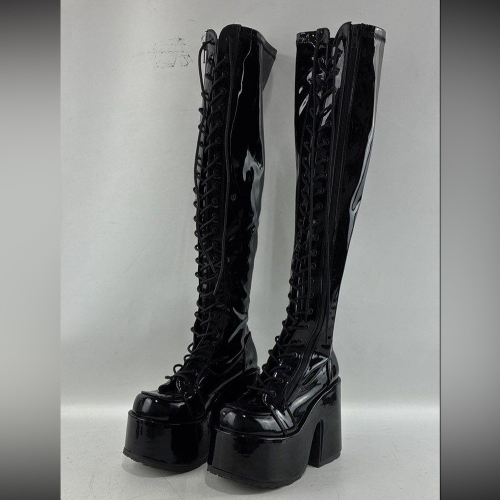 Demonia Lace Up Thigh High Latex Patent Leather Platform Boots.   Size 9